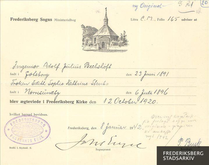 Kopi dvs såkaldt ny original af vielsesattest fra 1920