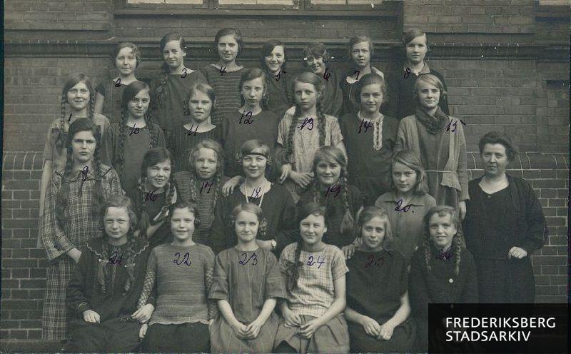 Skolen på Nyelandsvej, 7. Pgkl 1925-26
1. række fra venstre: Ellen Olsen, Ellen Wilhelmsen, Erna Braso, Gurli Jacobsen, Mary Jensen, Grete Aakerberg
2. række fra venstre: Kamma Christensen, Rigmor Gravesen, Zenia Jacobsen, Viola Mikkelsen, Zita Beholt, Edith Jensen, lærer Elisab. Noesgaard
3. række fra venstre: Karen Margrete Ferslev, Gurli Mortensen, Marga Nielsen, Ellen Jacobsen, Ellen Hansen, Hella Kjær-Nielsen, Rita Sørensen
4. række fra venstre: Ulla Bärentzen, Kamma Sørensen, Olga Larsen, Grete Meyer, Irma Clausen, Edith Larsen, Aurora Jensen
Fraværende: Grete Østergaard, Tove Bistrup, Edel Toft, Grete Toft