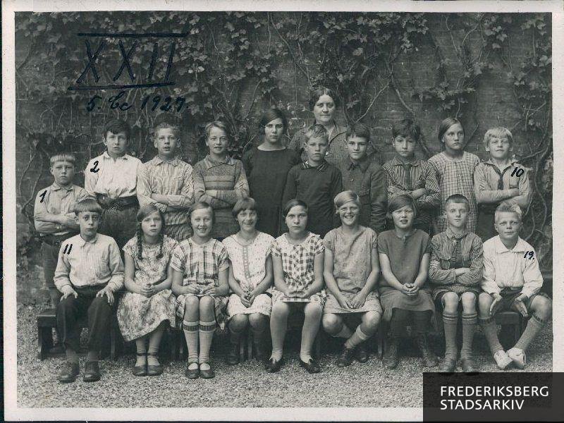 Skolen ved Solbjergvej. 5. Cc. 1927. Fru A. Tilje
Nederste rk. fra venstre: Volmer Jensen, Edel Rasmussen, Ella Schmidt, Asta Mathiasen, Erna Olsen, Gudrun Franck, Margrethe Petersen, Robert Petersen, Aage Bigler
Øverste rk.: Poul Nilsson, Jens Sørensen, Børge Dalby Nielsen, Ferdinand Kock, Iris Andersen, Sigurd Petersen, Sigfred Persson, Knud Larsen, Johanne Henningsen, Thorkild Olsen
Bagest: Lærerinde Agnes Tilje
Manglende elever: Sonja Olsen