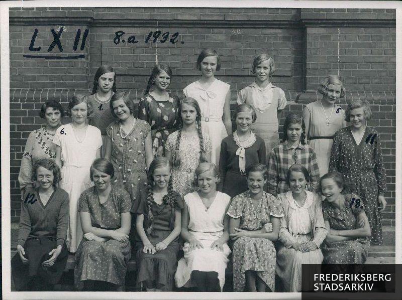 Skolen ved Solbjergvej 1932. 8 a. Lærerinde fru E. Engelstorp
Nederste række fra venstre: Anna Frederiksen, Benthe Lund, Tove Banner Jansen, Alice Ziebe, Liddy Larssen, Lis Juhl Andersen, Grethe Gerner Nielsen
Mellemste rk.: Læreren, Rigmor Nielsen, Lizzy Blankensteiner, Lydia Jensen, Ruth Krogh, Anna Margrthe Wulff, Inge Nielsen
Øverste rk.: Else Pedersen, Lissi Sørensen, Harda Mathiesen, Else Jørgensen, Rita Nielsen
Fraværende: Else Poulsen, Ulla Bügesen