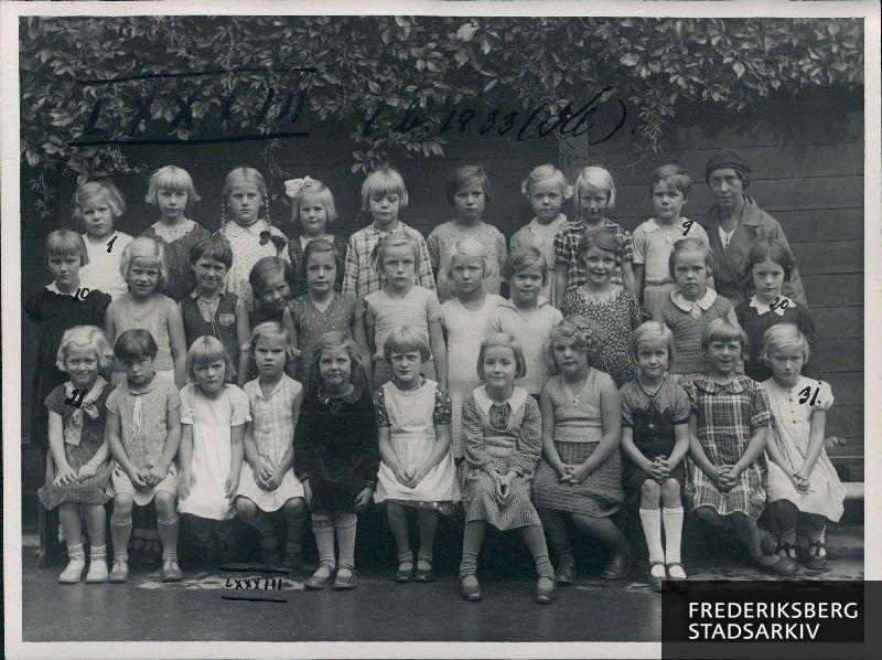 Skolen ved Solbjergvej 1.b 1933 (Kl)
Nederste rk. fra venstre: Elna Melhede, Elly Andersen, Norma Nielsen, Jytte Friis, Ulla Pedersen, Thyra Jensen, Kirsten Smith-Petersen, Birthe Sarauw, Jytte Vedersø, Hedi Fischer, Lise Hansen
Mellmste rk: Birgit Prytz, Birgit Gunnlaugsson, Solveig Nielsen, Tove Olsen, Karen Hald, Emmy Nielsen, Lilian Larsen, Grethe Havn, Inga Waage, Dorte Thilker, Aase Stenbjørn
Øverste rk.: Jytte Kirkegaard, Anni Knudsen, Lisa Hansen, Inger Mannerup Jensen, Lis Holmstrøm, Annelise Petersen, Birthe Holm, Elinor Andersen, Vivi Dubré + lærerinden ( uden navn)