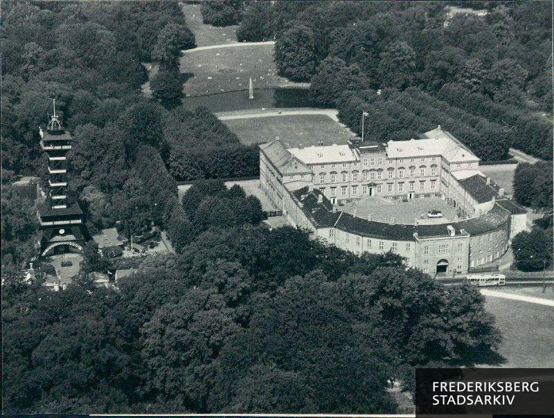 Luftfoto med udsigt over Frederiksberg Slot og have og Zoologisk Have med tårn