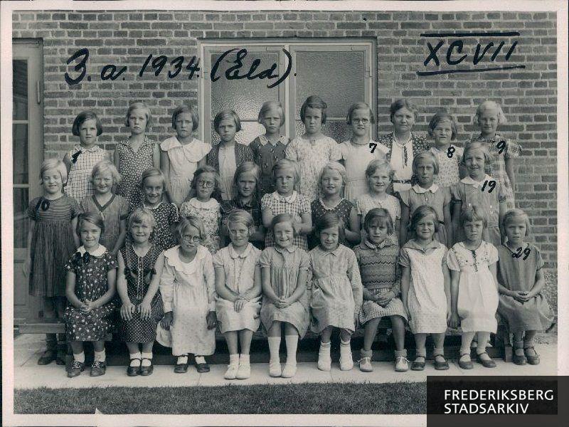 Søndermarkskolen. 3.a.1934 ( Eld )
Nederste række fra venstre: Lili Helene Jensen, Alice Eide Hansen, Grethe Jensen, Edith Hansen, Inge Wermund, Conny Nielsen, Ellen Vendelboe Larsen, Grethe Henriksen, Ruth Søberg, Hildur Jensen
Mellemste rk.: Lilly Hansen, Lizzie Nygaard Jensen, Anneli Meyh Hansen, Birthe Johannison, Solveig Jensen, Elisabeth Jensen, Inge Lise Jensen, Bodil Hansen, Edith Møller, Vibeke Wendt
Øverste rk.: Inger Falck, Ebba Søndergaard, Carla Ljungberg, Lillian Larsen, Else Nielsen, Birgit Grytter, Eva Rud-Sørensen, lærerinden, Nanna Harder, Aase Jensen
Fraværende: Inger Hansen