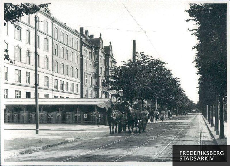 Nordre Fasanvej set mod syd, ud for hjørnet af Falstersvej 9, med Nordre Fasanvej 74 yderst til venstre. I forhaven har restauratør H. Pedersen et overdækket udskænkningssted