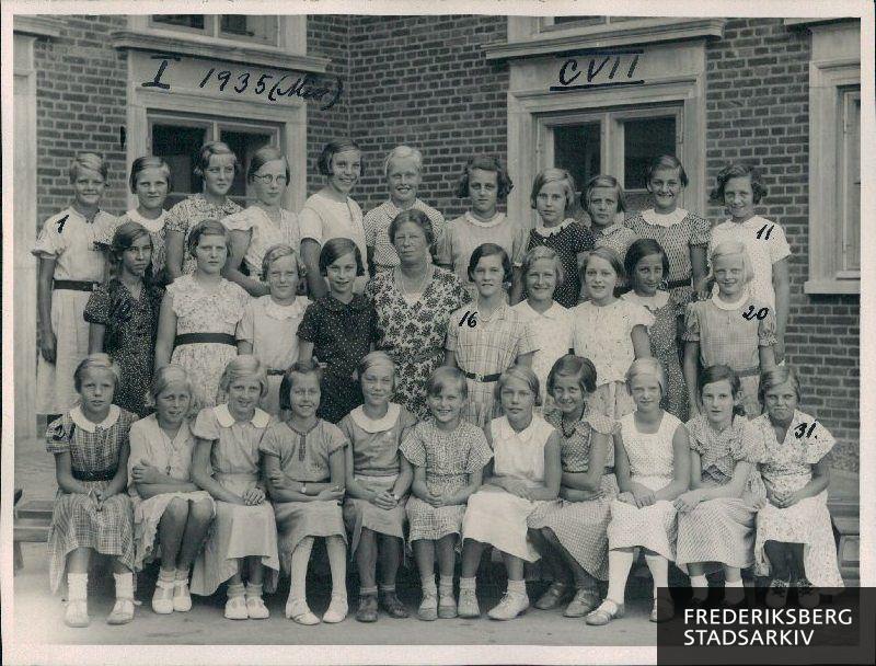 Søndermarkskolen. I. 1935. Lærerinde Frk. Minna Olsen
Nederste række fra venstre: Kirsten Strandgaard, Lizzi Rasmussen, Karen Marg. Hansen, Eva Pedersen, Ethel Schmidt, Aase Kinch, Eva Kastoft, Ellis Bordal, Ruth Munkof, Bodil Lidegaard, Gerda Petersen
Mellemste rk.: Annie Rasmussen, Gunver Jensen, Eva Rosmann, Eva Lütze. Kaufmann Rasmussen, Grethe Hansen, Ruth Søndergaard, Birgit Redke, Annie Jensen
Øverste rk.: Olga Teik, Bodil Jørgensen, Jytte Iversen, Birthe Nielsen, Sofie Olsen, Agnete Schreiner, Karen Egelund, Birthe Harnum, Ellen Poulsen, Karen Evark, Vibeke Hansen
Fraværende: Else Petersen