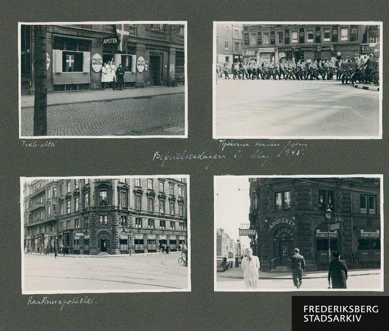 Bybilleder fra fejring af  Danmarks befrielsesdag, på Frederiksberg. Den 5. maj 1945. Billede øverst til venstre: Personale fra Allé Apotek, på Frederiksberg Allè, står i døren til butikken, og vinker til fotografen. Billede øverst til højre: Tyske soldater går væk fra Frederiksberg. Billede nederst til venstre: Rådhuapoteket, på hjørnet af Gammel Kongevej og Falonèr Allè. Nederst til højre: Apotekeren fra Rådhusapoteket, er kommet ud på gaden