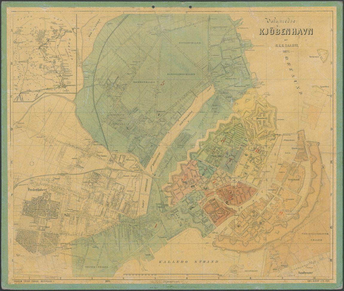 Kort over København og forstæder med valgkredse