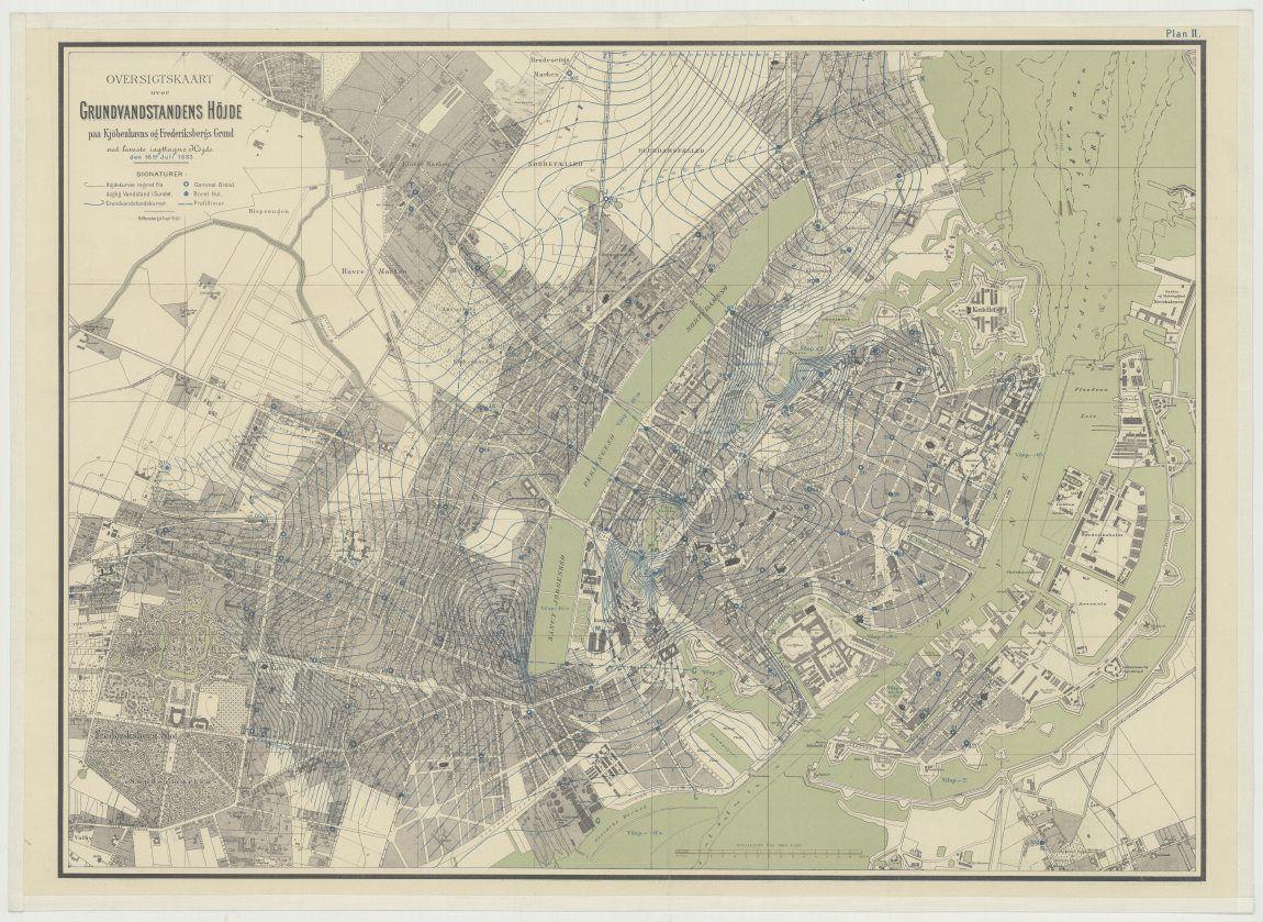Kort over grundvandsstandenes højde, København og Frederiksberg