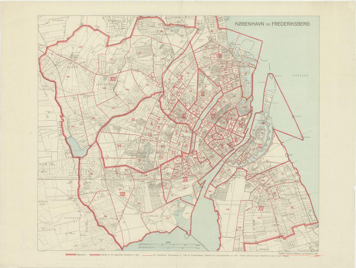 Kort over København og Frederiksberg med hygiejniske distrikter og roder