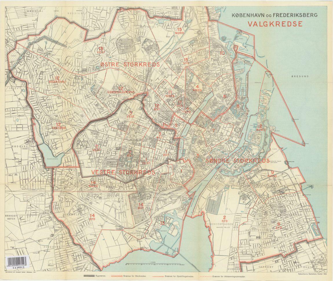 Kort over København og Frederiksberg med valgkredse