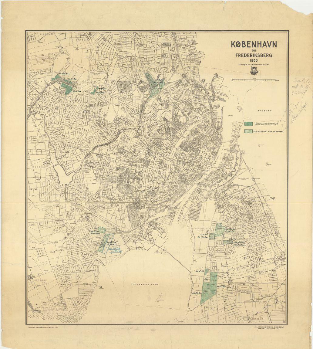 Kort over København og Frederiksberg med kolonihaver