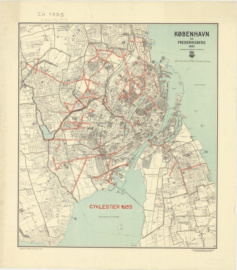 Kort over København og Frederiksberg med cykelstier