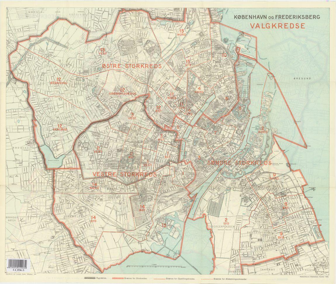 Kort over København og Frederiksberg med valgkredse