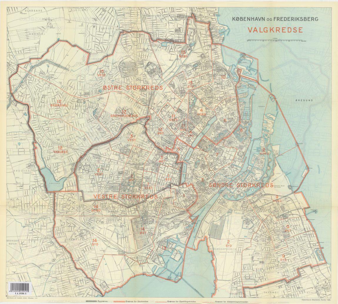 Kort over København og Frederiksberg med valgkredse