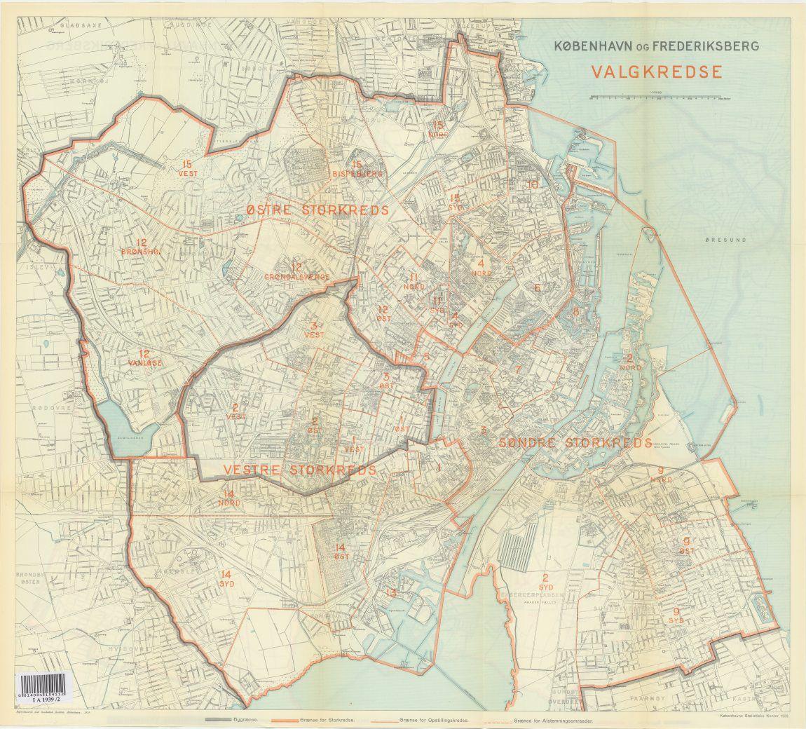 Kort over København og Frederiksberg med valgkredse