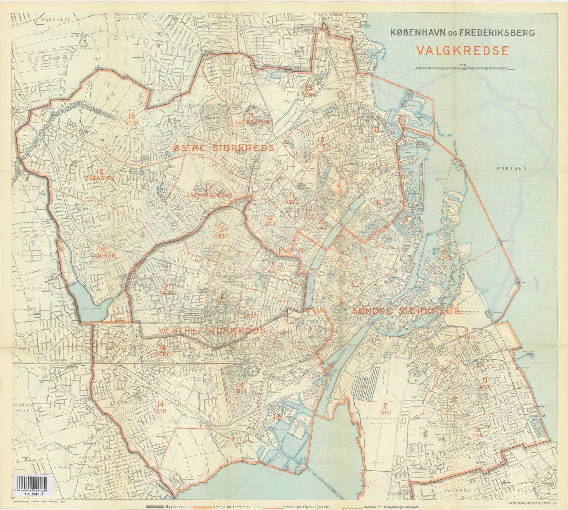 Kort over København og Frederiksberg med valgkredse