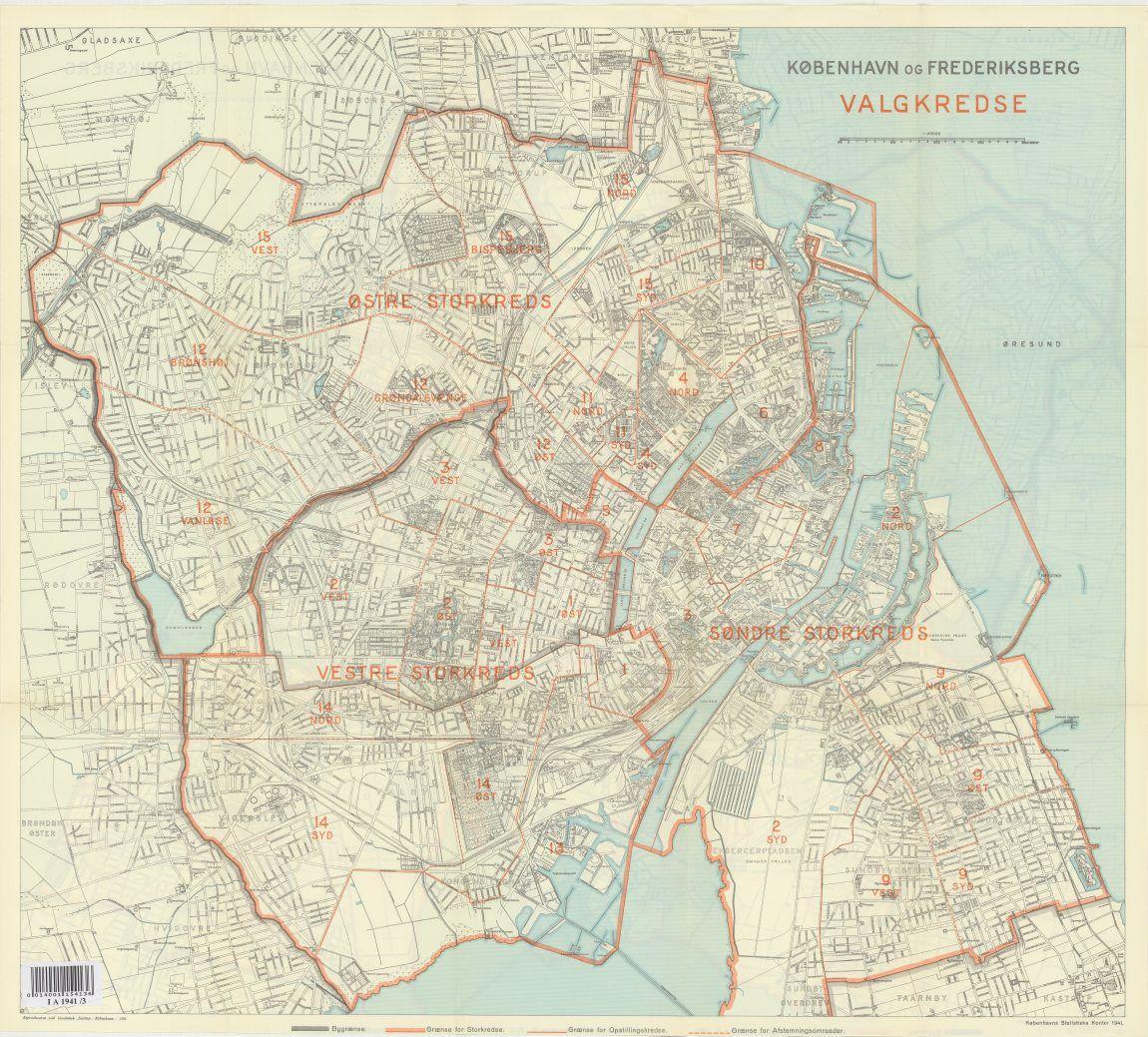 Kort over København og Frederiksberg med valgkredse