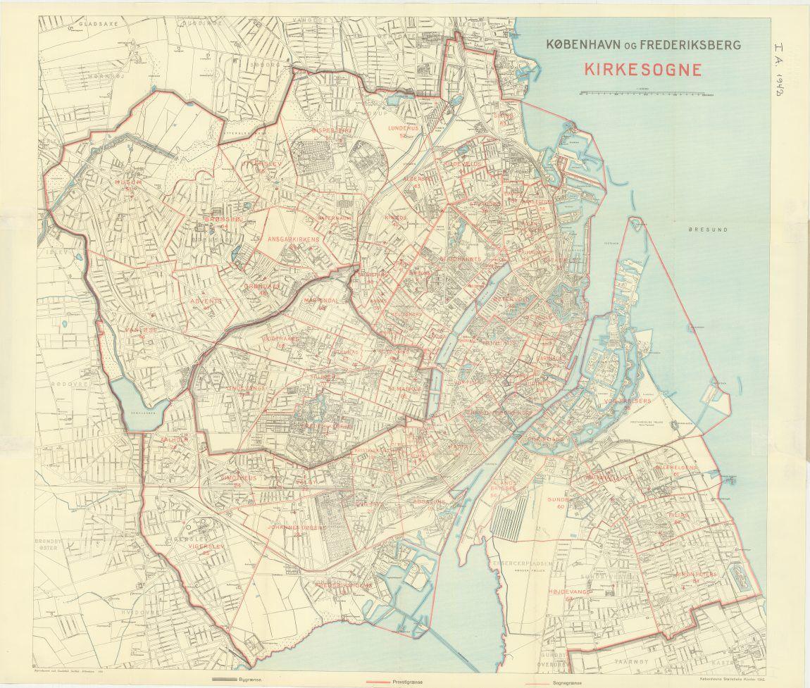 Kort over København og Frederiksberg med sogne