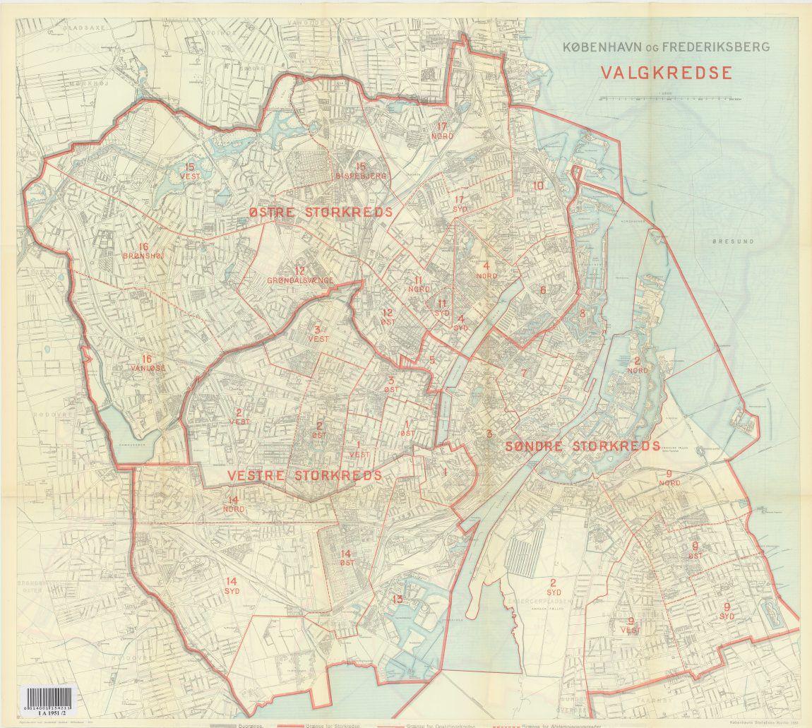 Kort over København og Frederiksberg med valgkredse