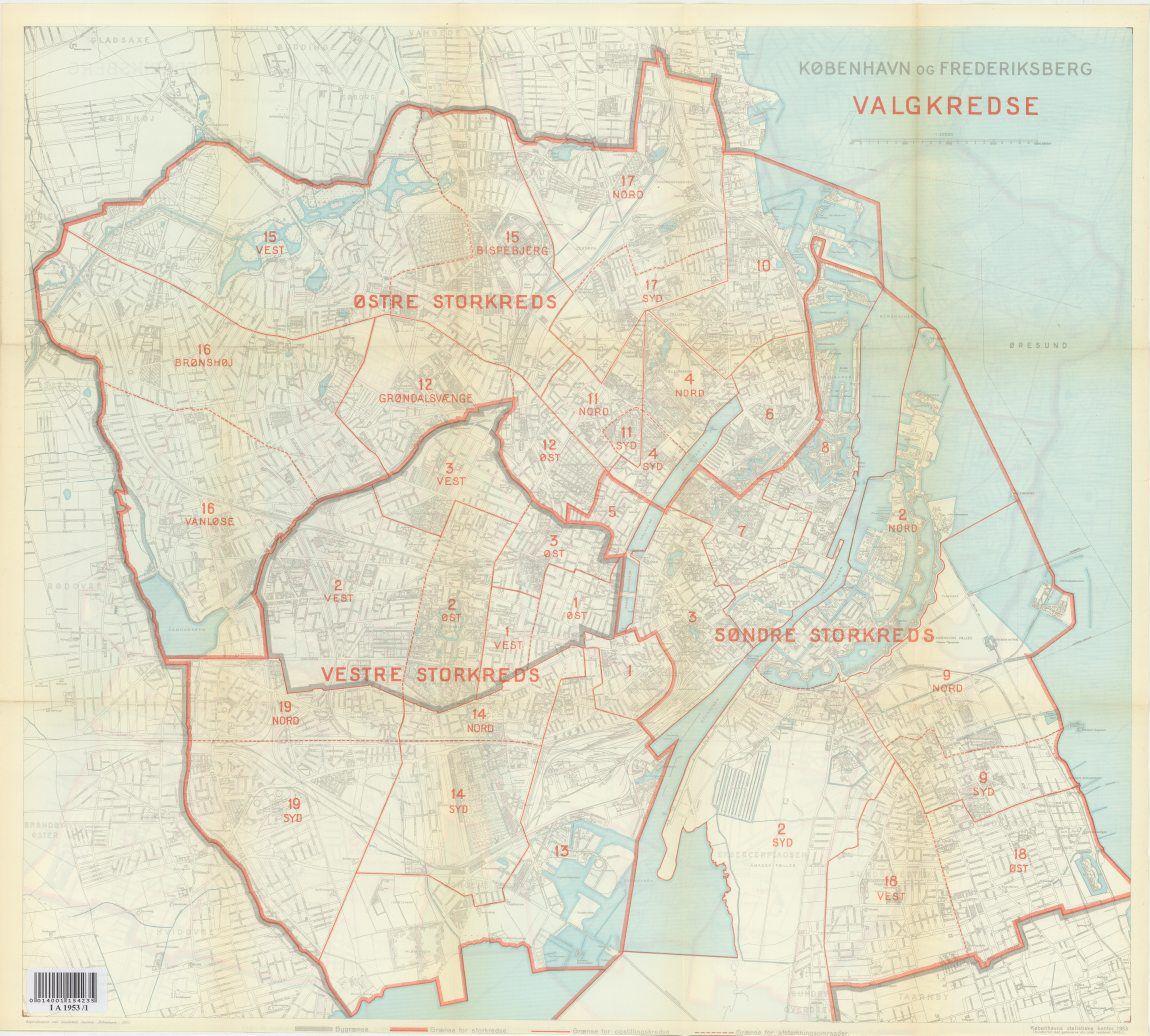 Kort over København og Frederiksberg med valgkredse