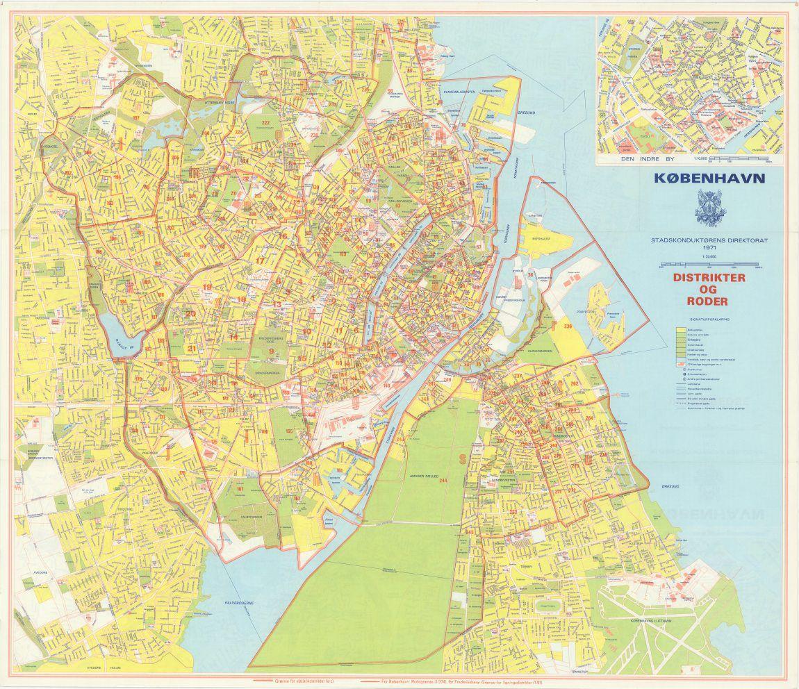 Kort over København med distrikter og roder