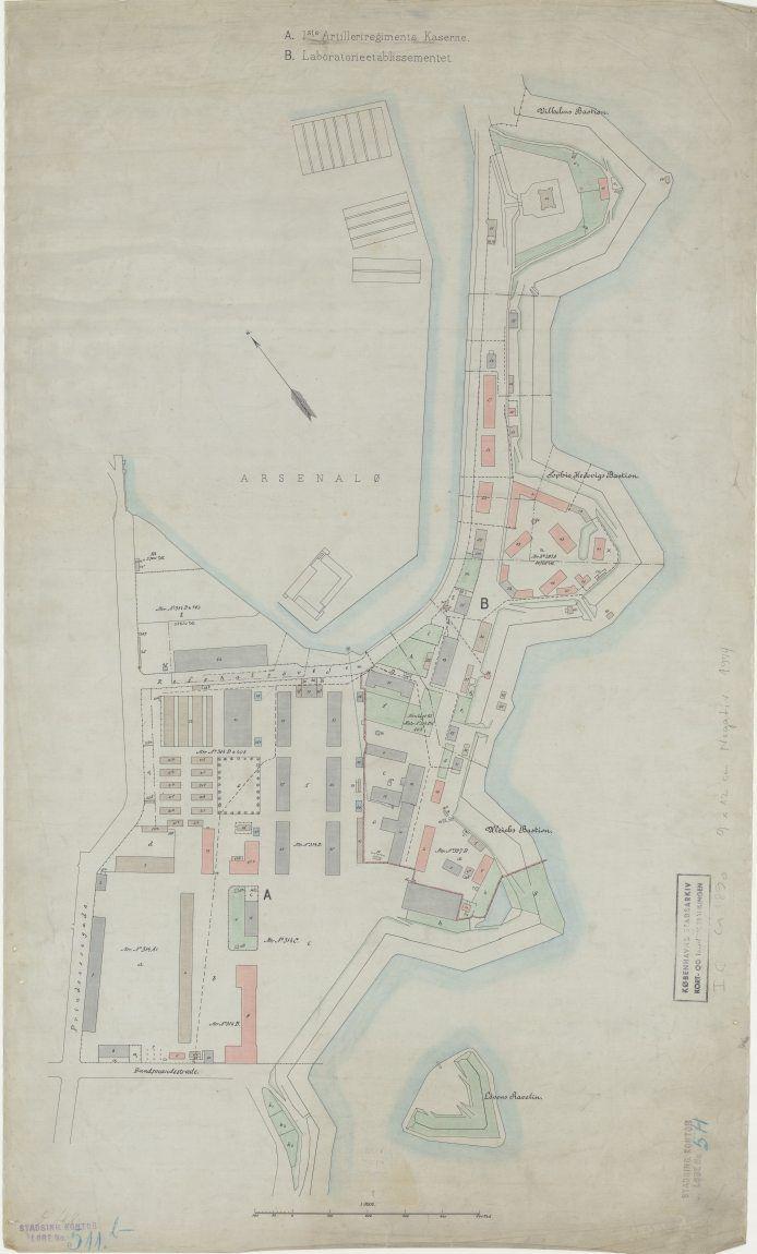 Kort over 1. artilleriregiments kaserne og laboratorieetablissementet