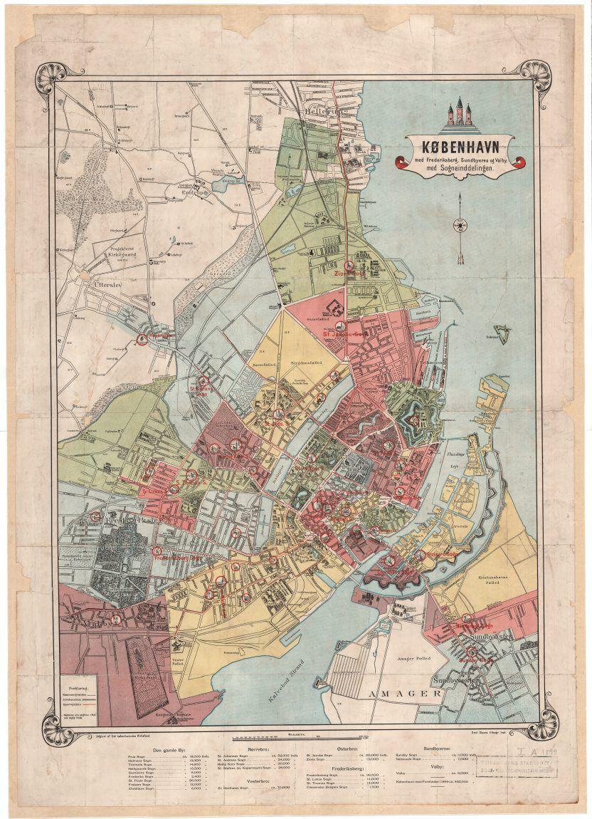 Kort over København med Frederiksberg, Sundbyerne og Valby