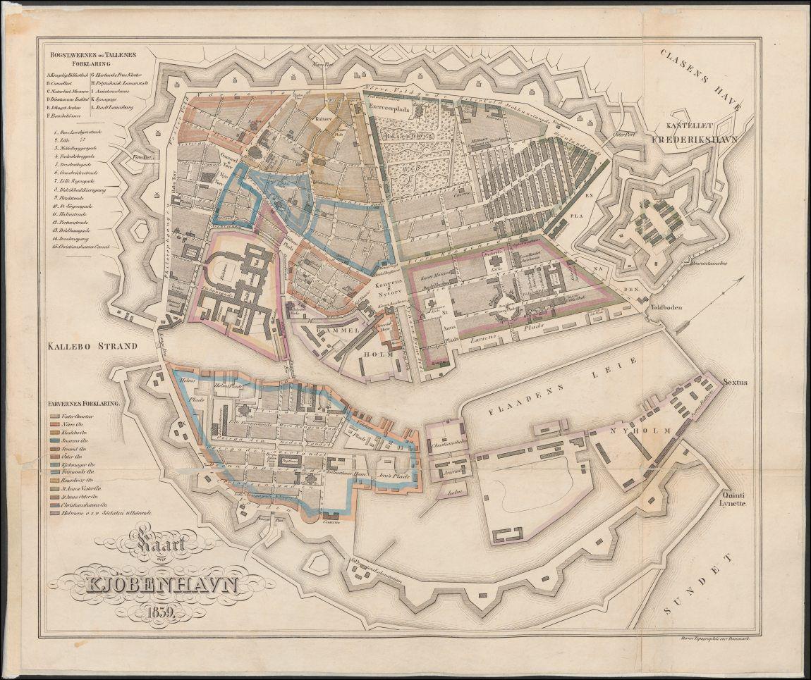 Kort over Københavns kvarterer, forstæder og udenbyes grunde.