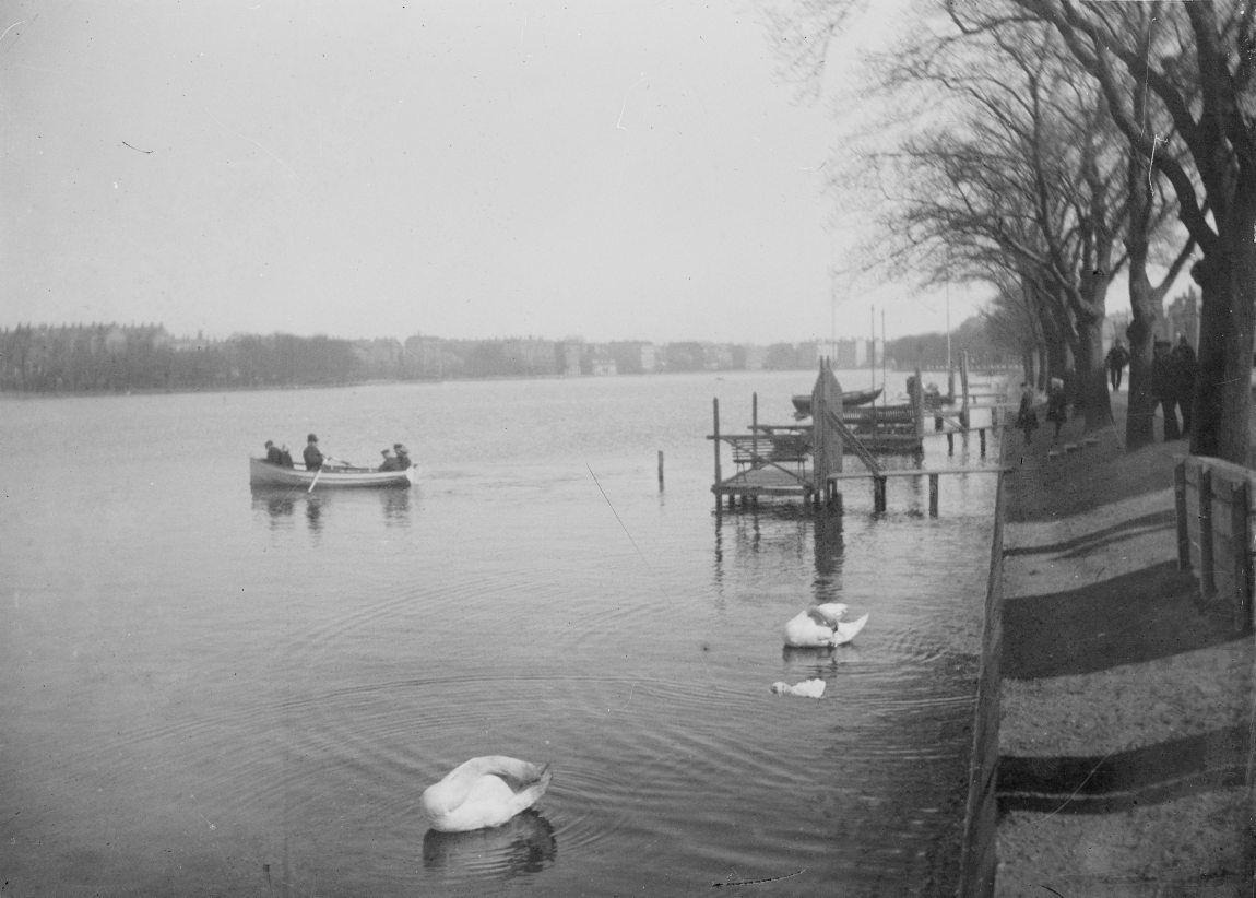 Svaner, bådbro og robåd ved Søerne